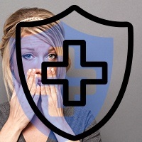 Woman holding mouth overlaid with animated emergency cross and shield