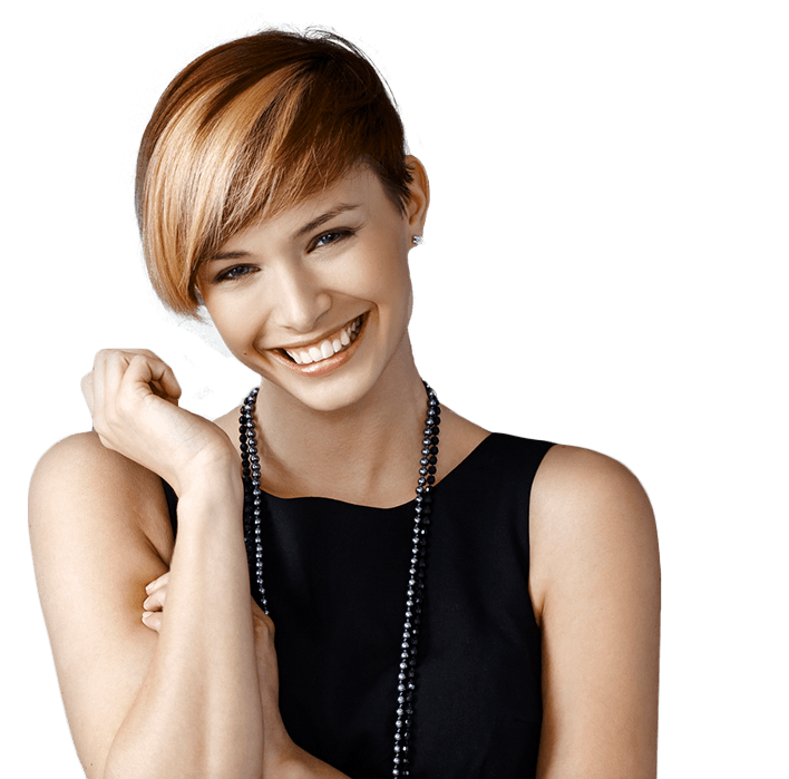 Young woman with short hair and black bead necklace smiling