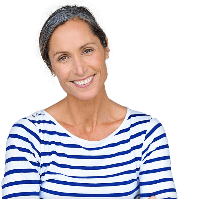 Grinning older woman in blue and white striped shirt