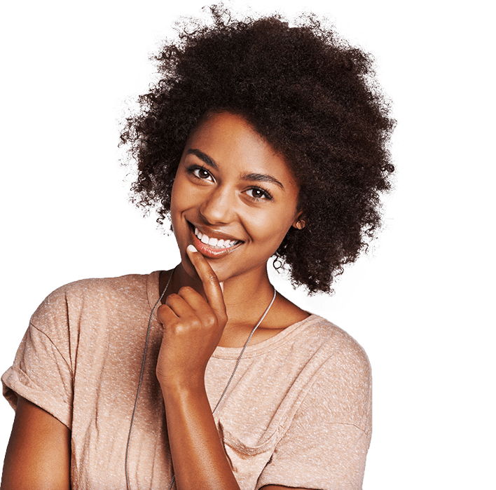 Young smiling woman with her index finger on her chin