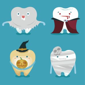 Illustration of 4 teeth dressed up in Halloween costumes